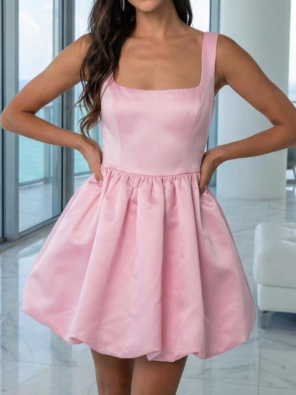 NWT LULU'S Regal Cutie lt. pink satin bubble hem dress S